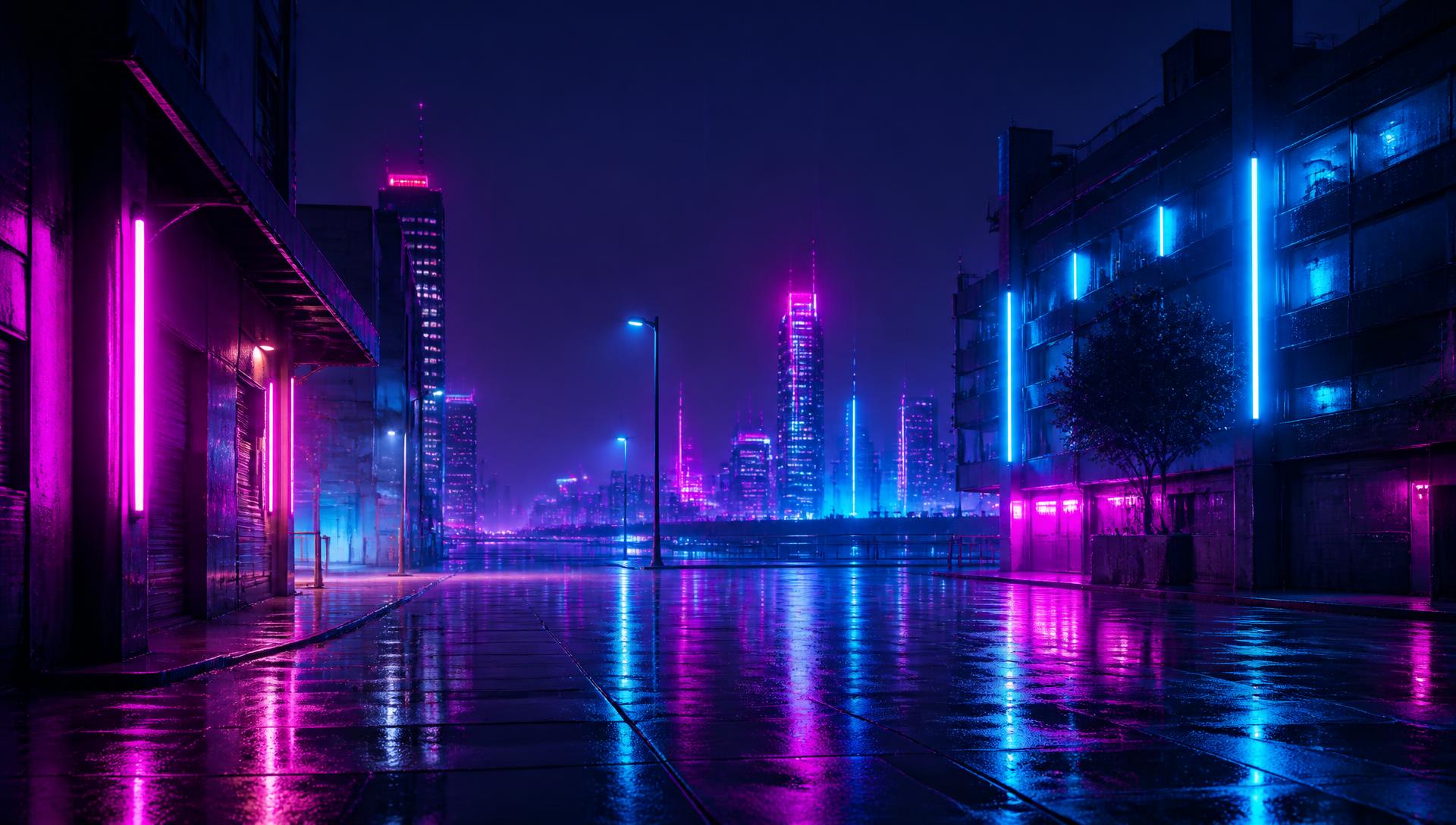 Neon-lit street at night, the visual signature of ScriptU live stages